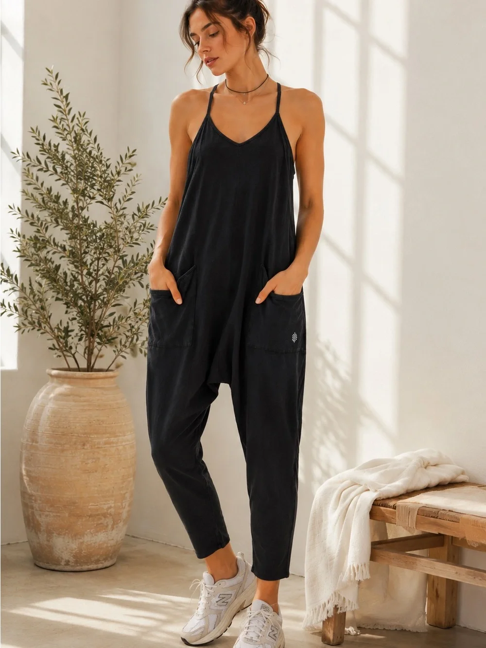 Free People Movement Jumpsuit Romper Black XS Harem Pockets Stretch NWT